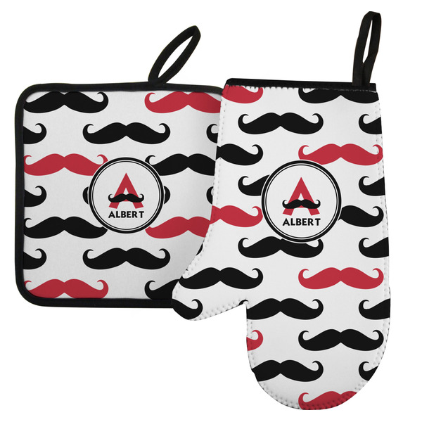 Custom Mustache Print Left Oven Mitt & Pot Holder Set w/ Name and Initial