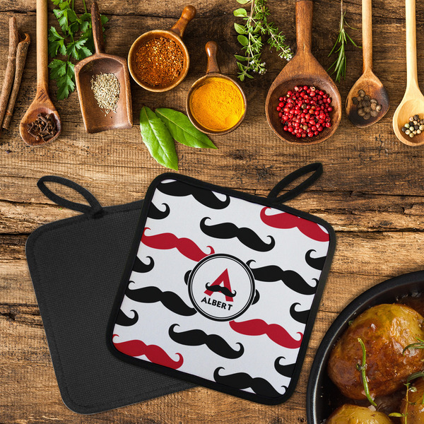 Mustache Print Neoprene Pot Holder - Set of 2  LIFESTYLE (Flatlay)