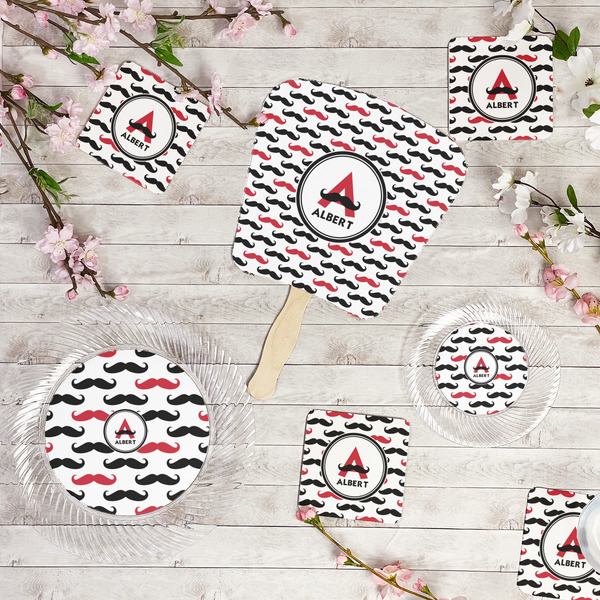 Mustache Print Party Supplies Combination Image - All items - Plates, Coasters, Fans
