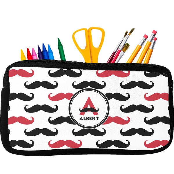 Custom Mustache Print Neoprene Pencil Case - Small w/ Name and Initial