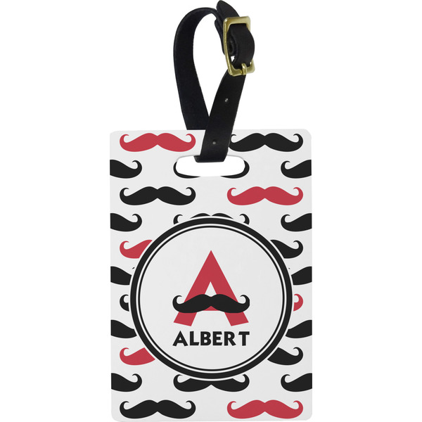 Custom Mustache Print Plastic Luggage Tag - Rectangular w/ Name and Initial