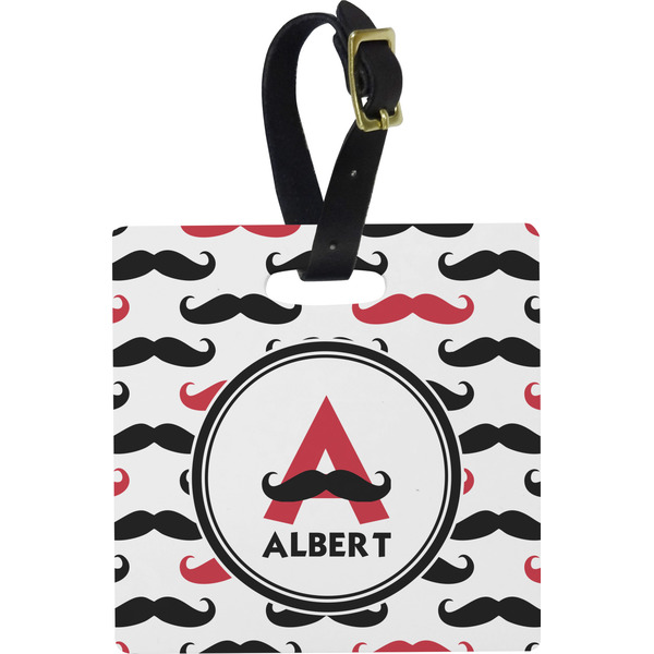Custom Mustache Print Plastic Luggage Tag - Square w/ Name and Initial