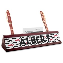 Mustache Print Red Mahogany Nameplate with Business Card Holder (Personalized)