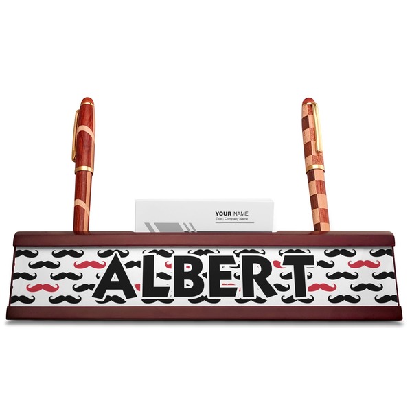 Mustache Print Red Mahogany Nameplates with Business Card Holder - Straight