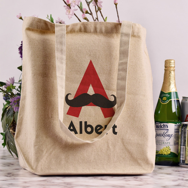 Mustache Print Reusable Cotton Grocery Bag - In Context