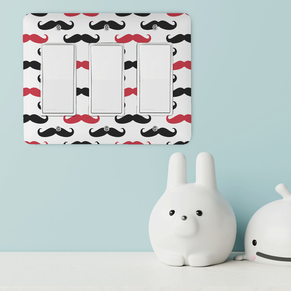 Mustache Print Rocker Light Switch Covers - Triple - IN CONTEXT