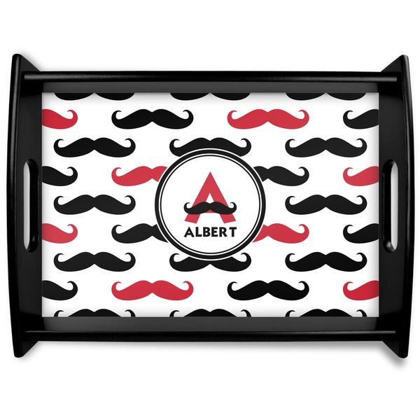 Custom Mustache Print Black Wooden Tray - Large (Personalized)