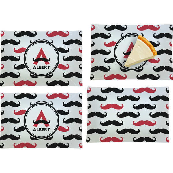 Custom Mustache Print Set of 4 Glass Rectangular Appetizer / Dessert Plate (Personalized)