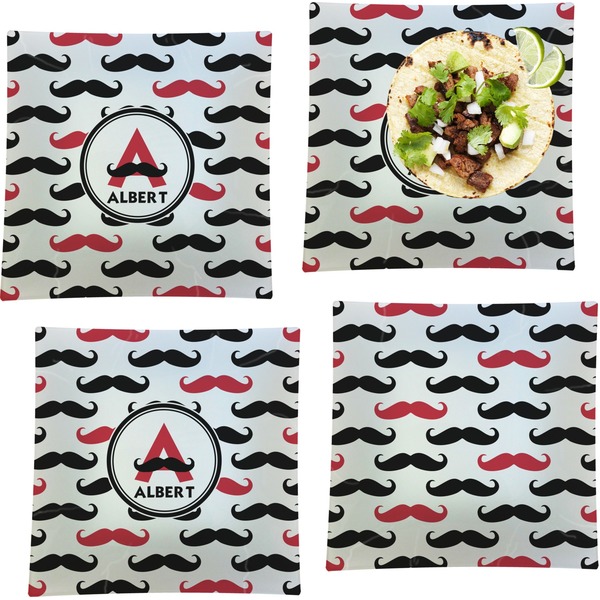 Custom Mustache Print Set of 4 Glass Square Lunch / Dinner Plate 9.5" (Personalized)