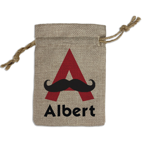 Custom Mustache Print Small Burlap Gift Bag - Front (Personalized)