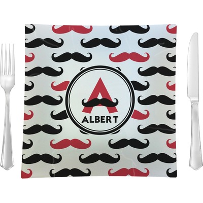 Mustache Print 9.5" Glass Square Lunch / Dinner Plate- Single or Set of 4 (Personalized)