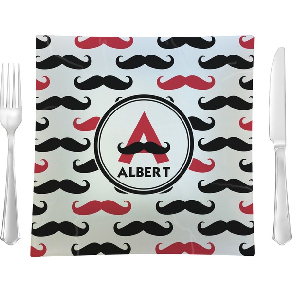 Custom Mustache Print 9.5" Glass Square Lunch / Dinner Plate- Single or Set of 4 (Personalized)