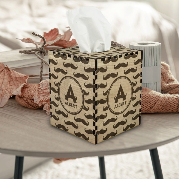 Mustache Print Square Tissue Box Covers - Wood - In Context