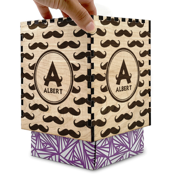 Mustache Print Square Tissue Box Covers - Wood - with box