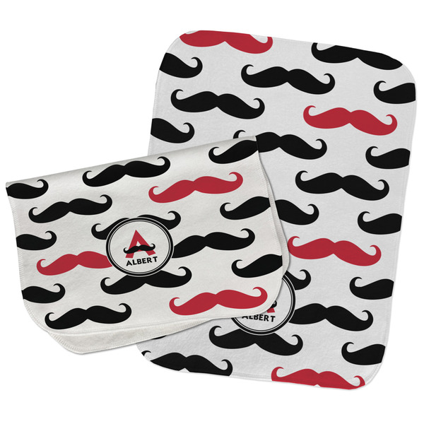 Custom Mustache Print Burp Cloths - Fleece - Set of 2 w/ Name and Initial