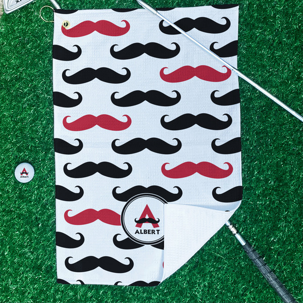 Mustache Print Waffle Weave Golf Towel - In Context
