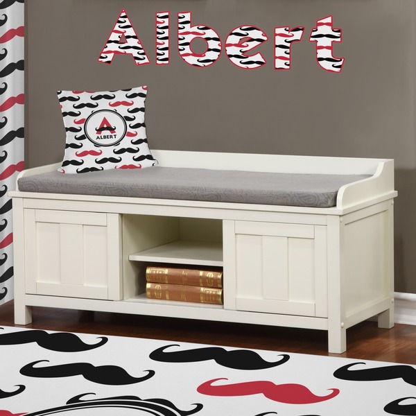 Mustache Print Wall Name Decal Above Storage bench