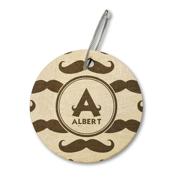 Custom Mustache Print Wood Luggage Tag - Round (Personalized)