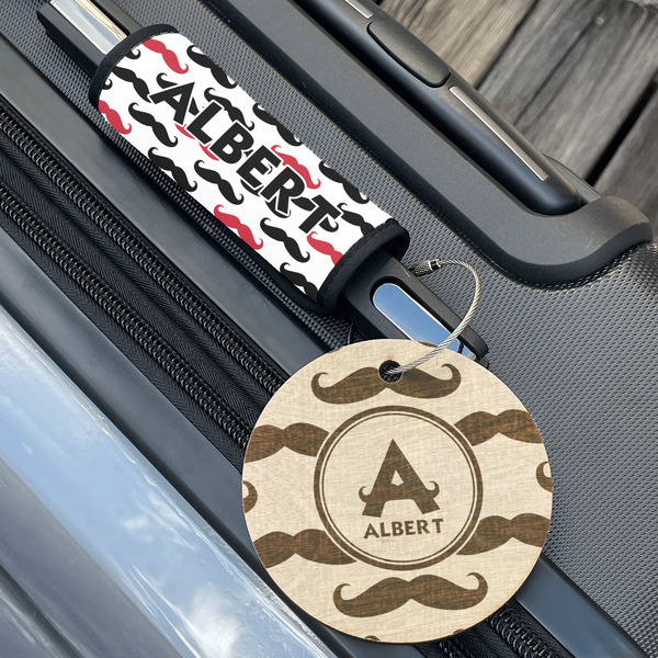 Mustache Print Wood Luggage Tags - Round - Lifestyle