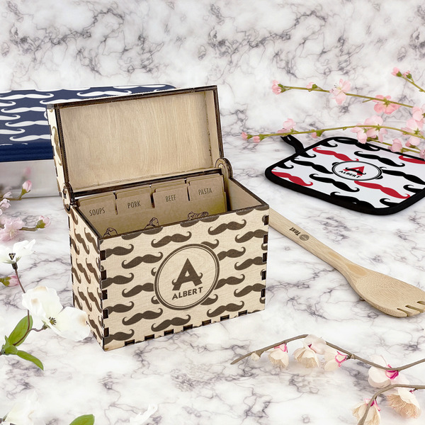 Mustache Print Wood Recipe Boxes - Lifestyle
