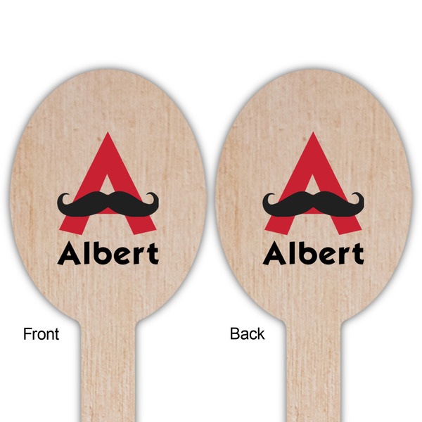 Mustache Print Wooden Food Pick - Oval - Double Sided - Front & Back