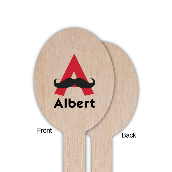 Mustache Print Wooden Food Pick - Oval - Single Sided - Front & Back