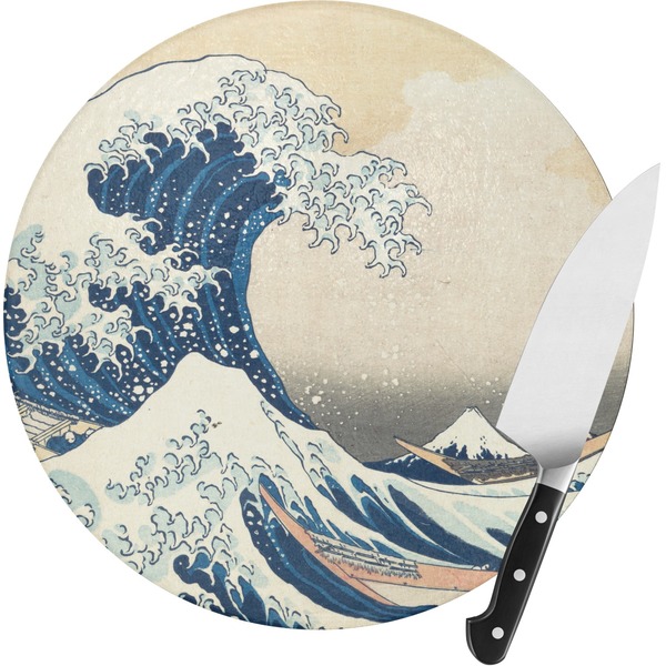 Custom Great Wave off Kanagawa Round Glass Cutting Board - Small