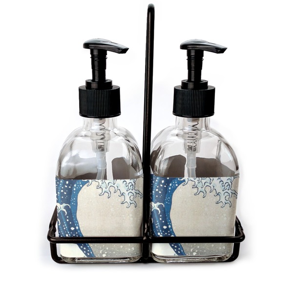 Custom Great Wave off Kanagawa Glass Soap & Lotion Bottle Set