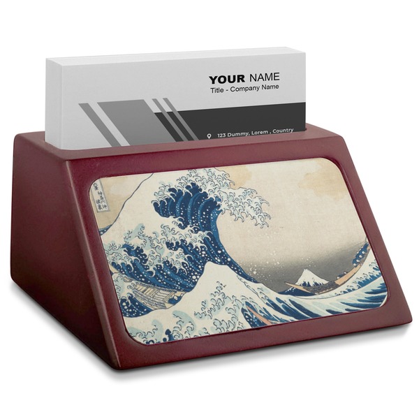 Custom Great Wave off Kanagawa Red Mahogany Business Card Holder