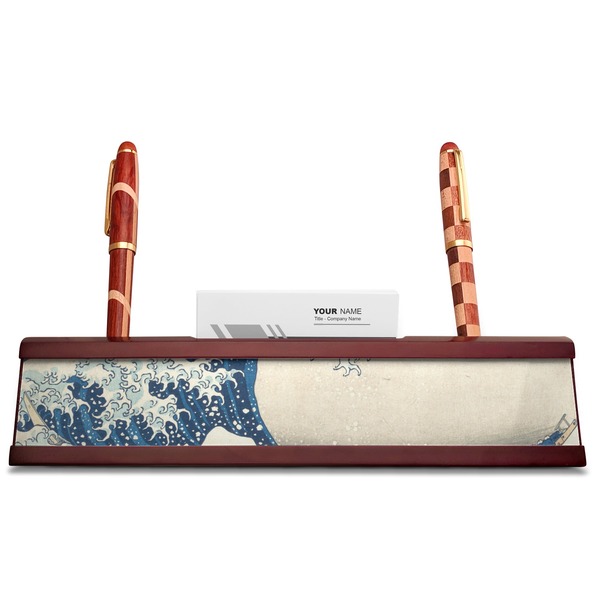 Great Wave off Kanagawa Red Mahogany Nameplates with Business Card Holder - Straight