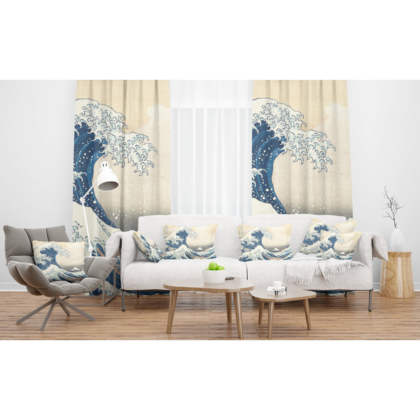 Great Wave off Kanagawa Sheer and Custom Curtains in Room with Matching Pillows