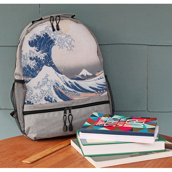 Great Wave off Kanagawa Large Backpack - Gray - On Desk