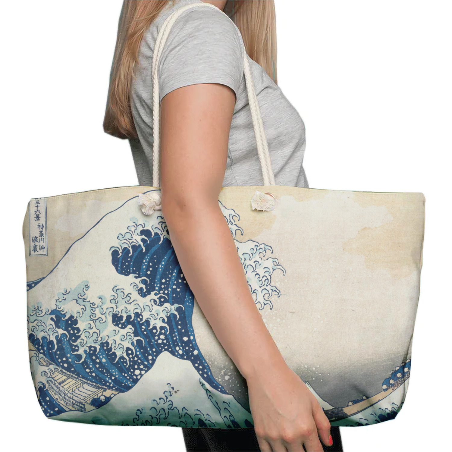 Custom Great Wave off Kanagawa Large Tote Bag with Rope Handles