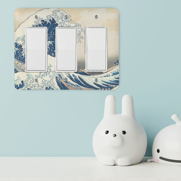Great Wave off Kanagawa Rocker Light Switch Covers - Triple - IN CONTEXT