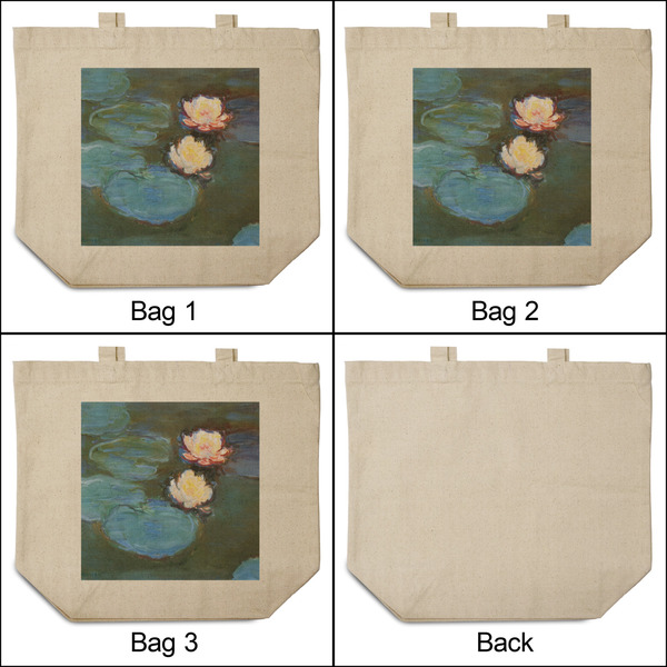 Water Lilies #2 3 Reusable Cotton Grocery Bags - Front & Back View