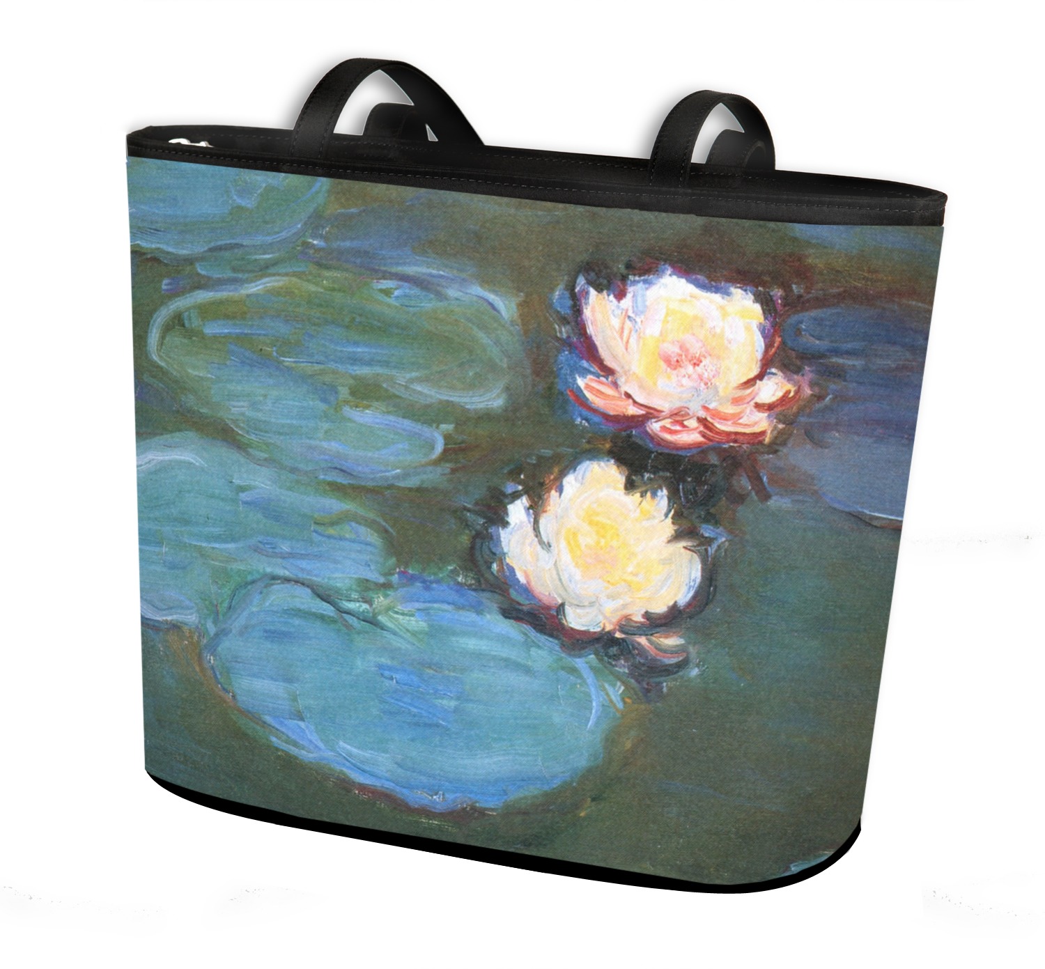 Water Lilies #2 Bucket Tote w/Genuine Leather Trim Regular w/Front & Back Design 