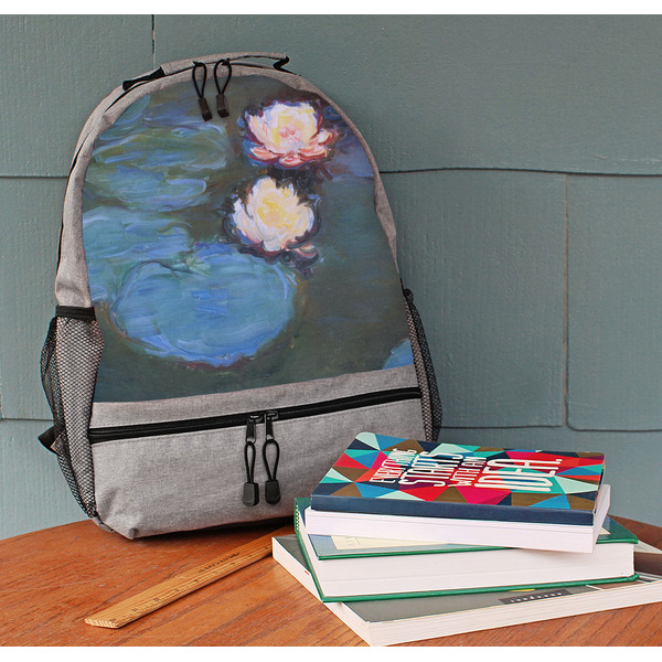 Water Lilies #2 Large Backpack - Gray - On Desk