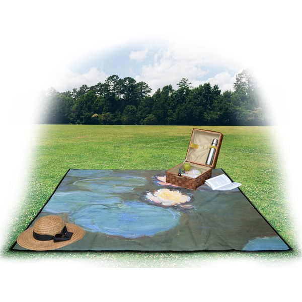 Water Lilies #2 Picnic Blanket - with Basket Hat and Book - in Use