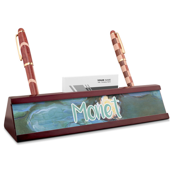 Custom Water Lilies #2 Red Mahogany Nameplate with Business Card Holder