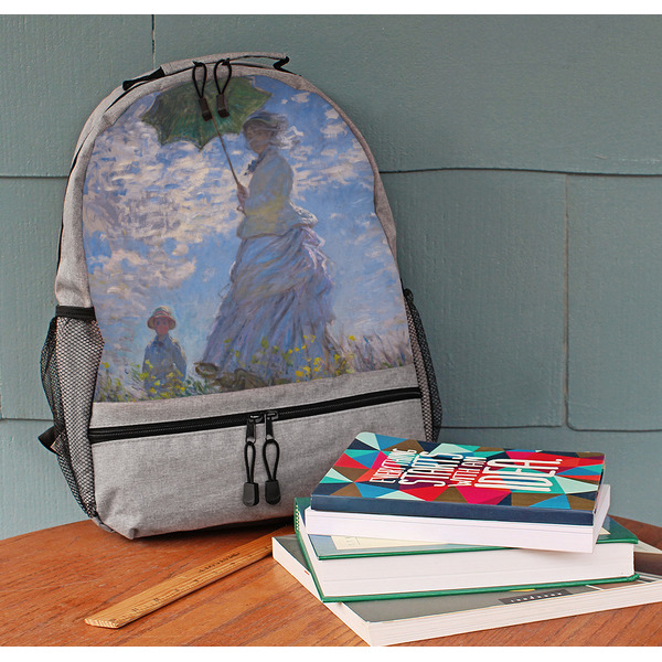 Promenade Woman by Claude Monet Large Backpack - Gray - On Desk
