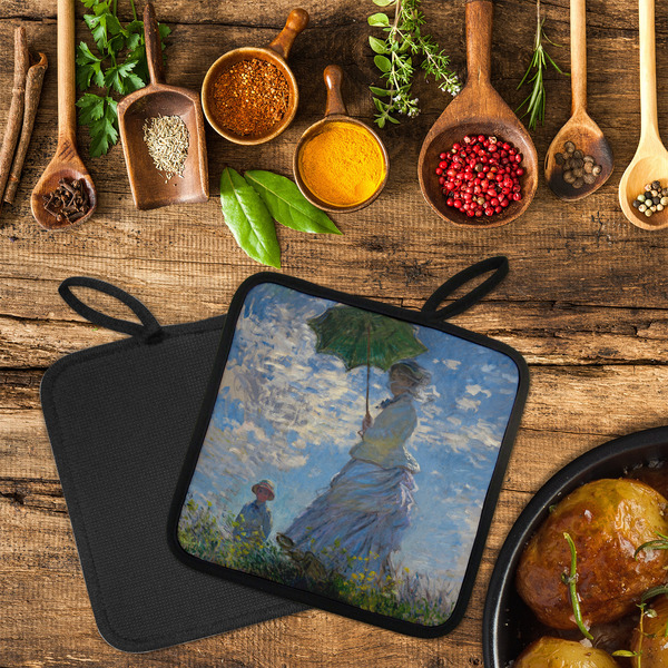 Promenade Woman by Claude Monet Neoprene Pot Holder - Set of 2  LIFESTYLE (Flatlay)