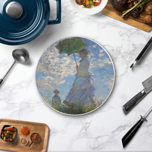 Promenade Woman by Claude Monet Round Stone Trivet - In Context View