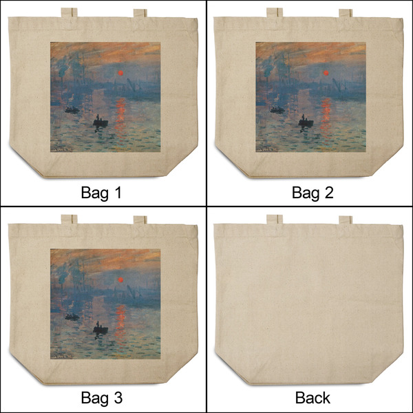 Impression Sunrise by Claude Monet 3 Reusable Cotton Grocery Bags - Front & Back View