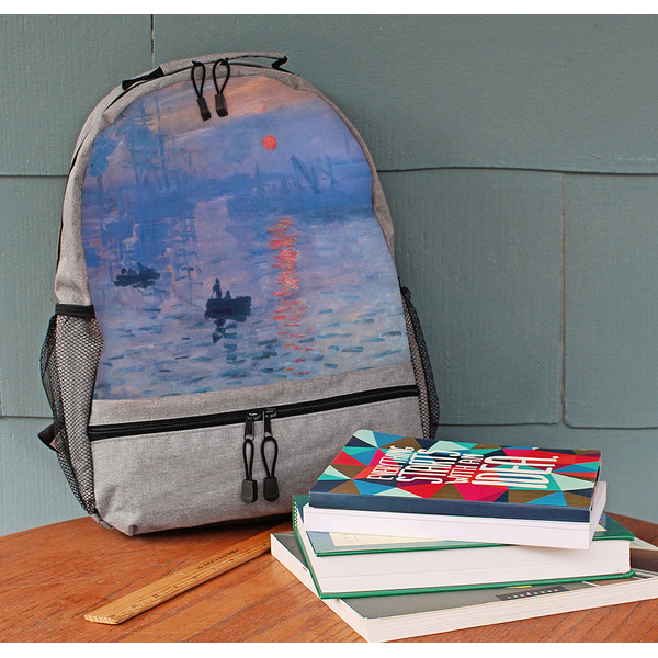 Impression Sunrise by Claude Monet Large Backpack - Gray - On Desk