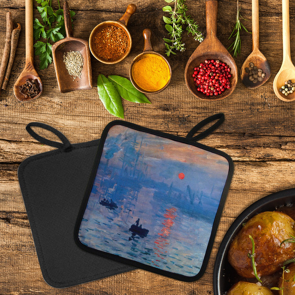 Impression Sunrise by Claude Monet Neoprene Pot Holder - Set of 2  LIFESTYLE (Flatlay)