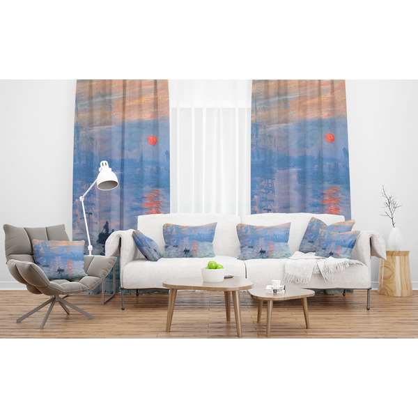Impression Sunrise by Claude Monet Sheer and Custom Curtains in Room with Matching Pillows
