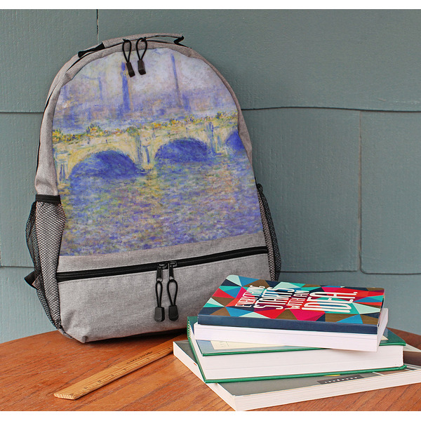 Waterloo Bridge by Claude Monet Large Backpack - Gray - On Desk