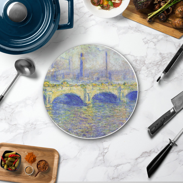 Waterloo Bridge by Claude Monet Round Stone Trivet - In Context View