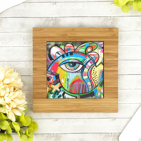 Abstract Eye Painting Bamboo Trivet with 6" Tile - LIFESTYLE