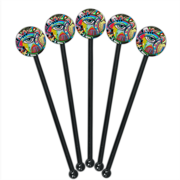 Abstract Eye Painting Black Plastic 5.5" Stir Stick - Round - Fan View